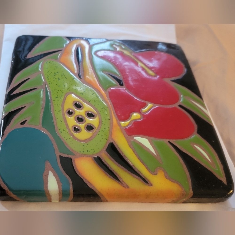 Hand Painted TerraCotta Tile Trivet Signed Kathy Waller 8" X 8" Tropical W Fruit